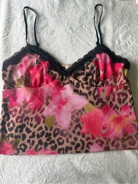 Pink Floral & Brown Leopard Lace Trim Cami